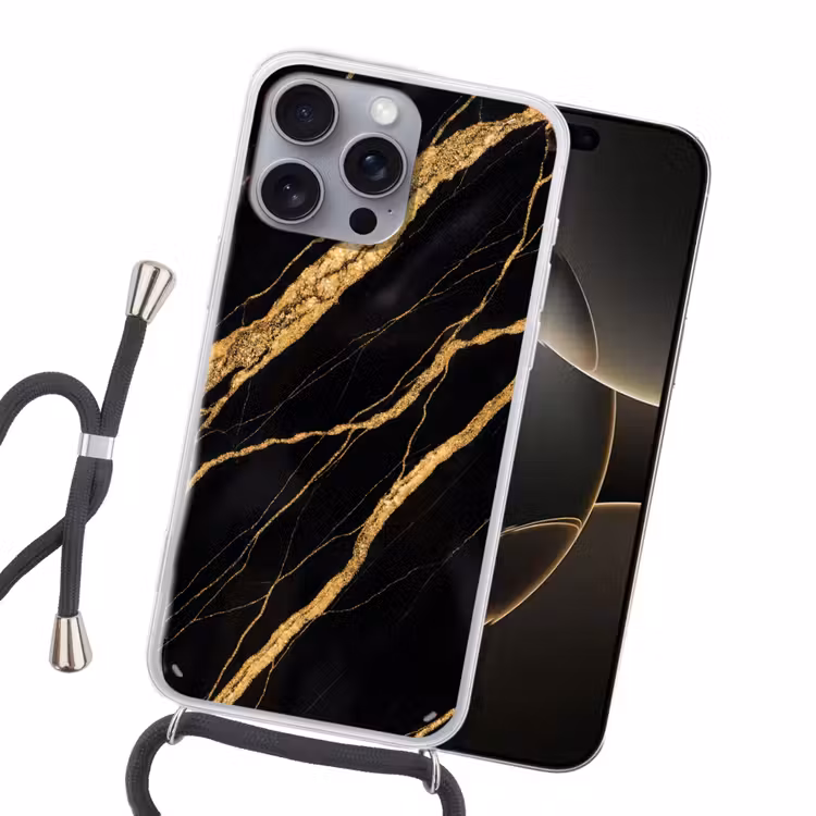 Marmer - Goud - Textuur - Abstract - Zwart Hoesje iPhone 16 Pro Max met koord klein -sfeer1