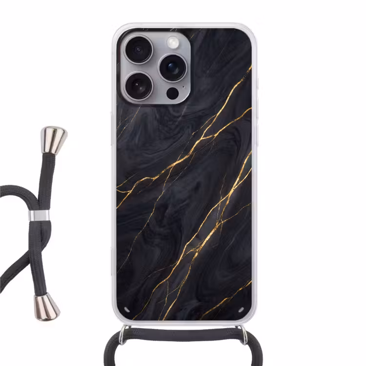 Marmer - Goudaders - Abstract - Modern - Zwart Hoesje iPhone 16 Pro Max met koord klein -3d