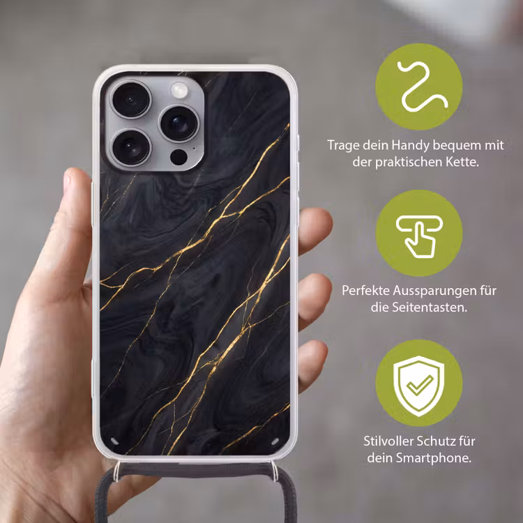 Marmer - Goudaders - Abstract - Modern - Zwart Hoesje iPhone 16 Pro Max met koord klein -sfeer2_DE