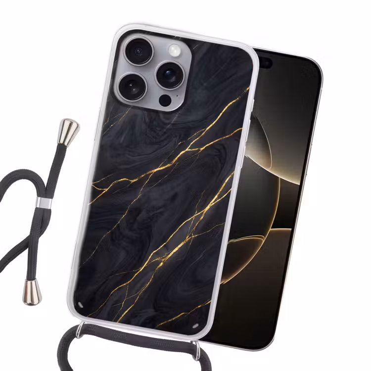 Marmer - Goudaders - Abstract - Modern - Zwart Hoesje iPhone 16 Pro Max met koord klein -sfeer1