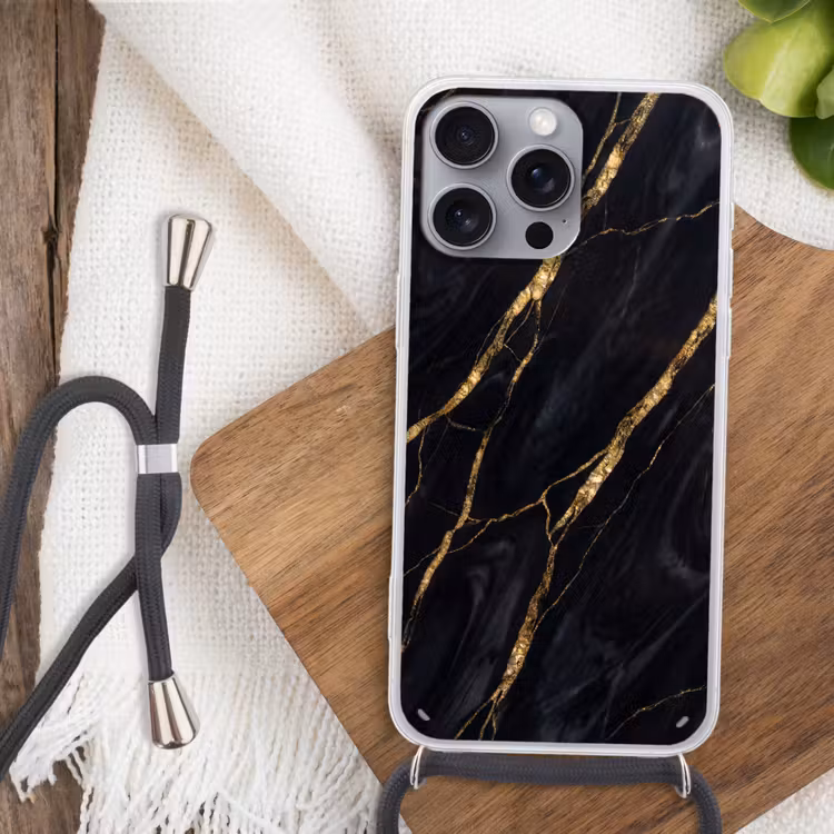 Marmer - Gouden aders - Abstract - Zwart Hoesje iPhone 16 Pro Max met koord klein -sfeer4