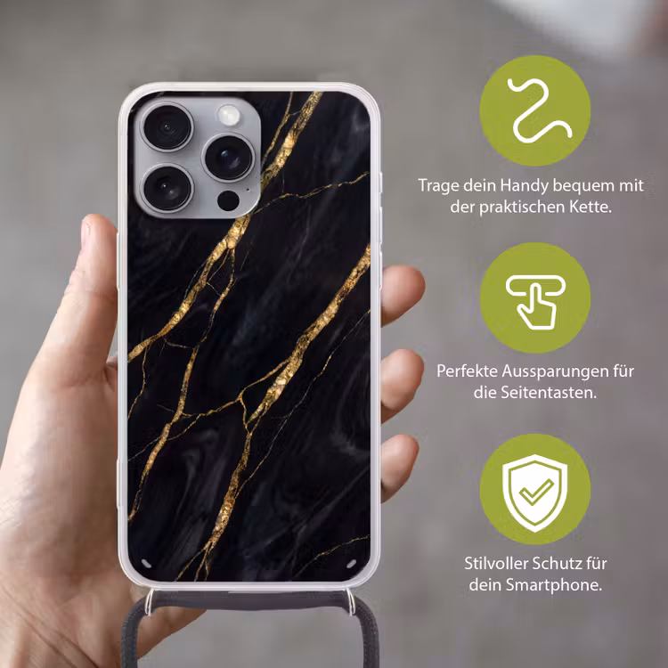 Marmer - Gouden aders - Abstract - Zwart Hoesje iPhone 16 Pro Max met koord klein -sfeer2_DE