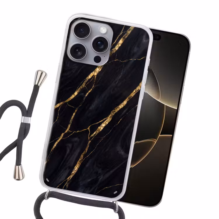 Marmer - Gouden aders - Abstract - Zwart Hoesje iPhone 16 Pro Max met koord klein -sfeer1