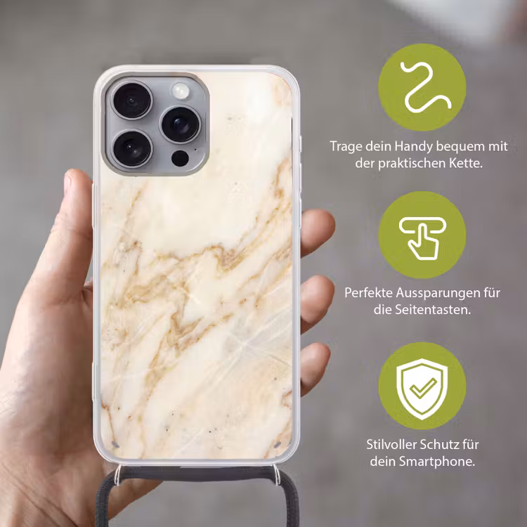 Marmer - Ader - Abstract - Wit - Goud Hoesje iPhone 16 Pro Max met koord klein -sfeer2_DE