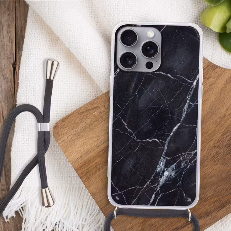 Marmer - Patroon - Modern - Zwart - Wit Hoesje iPhone 16 Pro Max met koord klein -sfeer4