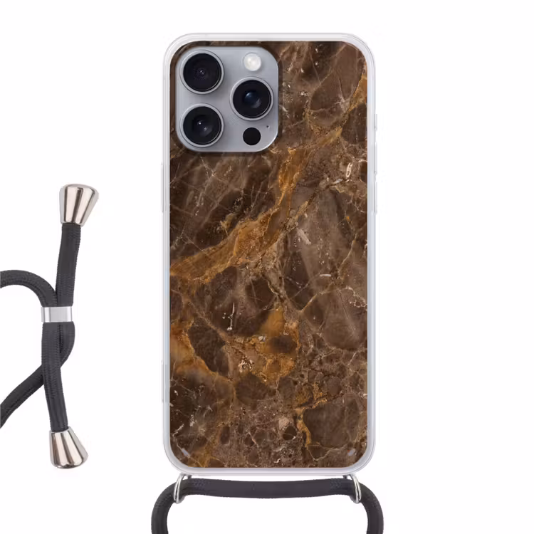 Marmer - Patroon - Natuur - Bruin - Goud Hoesje iPhone 16 Pro Max met koord klein -3d