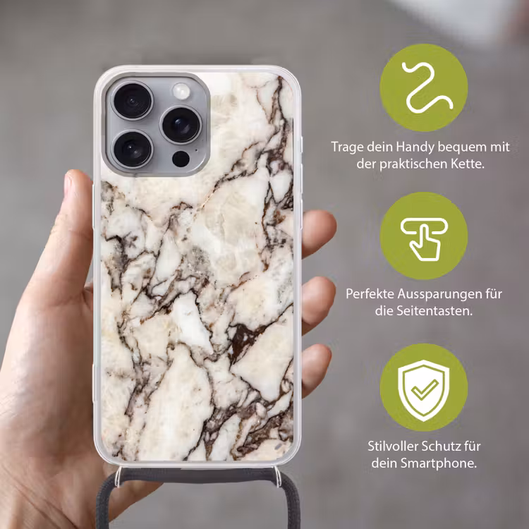 Marmer - Textuur - Abstract - Wit - Bruin Hoesje iPhone 16 Pro Max met koord klein -sfeer2_DE