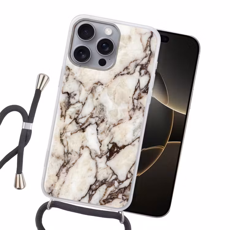 Marmer - Textuur - Abstract - Wit - Bruin Hoesje iPhone 16 Pro Max met koord klein -sfeer1