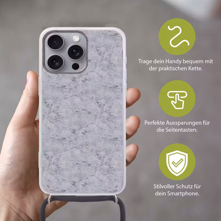 Marmerplaat - Patroon - Grijs Hoesje iPhone 16 Pro Max met koord klein 804 -sfeer2_DE