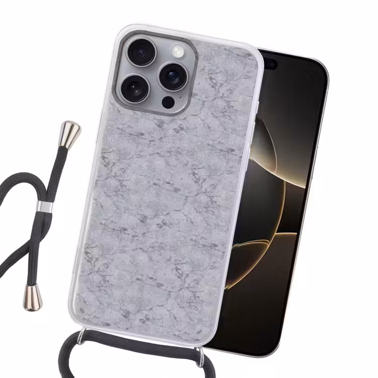 Marmerplaat - Patroon - Grijs Hoesje iPhone 16 Pro Max met koord klein 804 -sfeer1