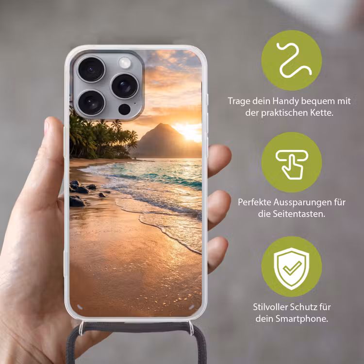 Zee - Berg - Landschap - Tropisch - Goud Hoesje iPhone 16 Pro Max met koord klein -sfeer2_DE