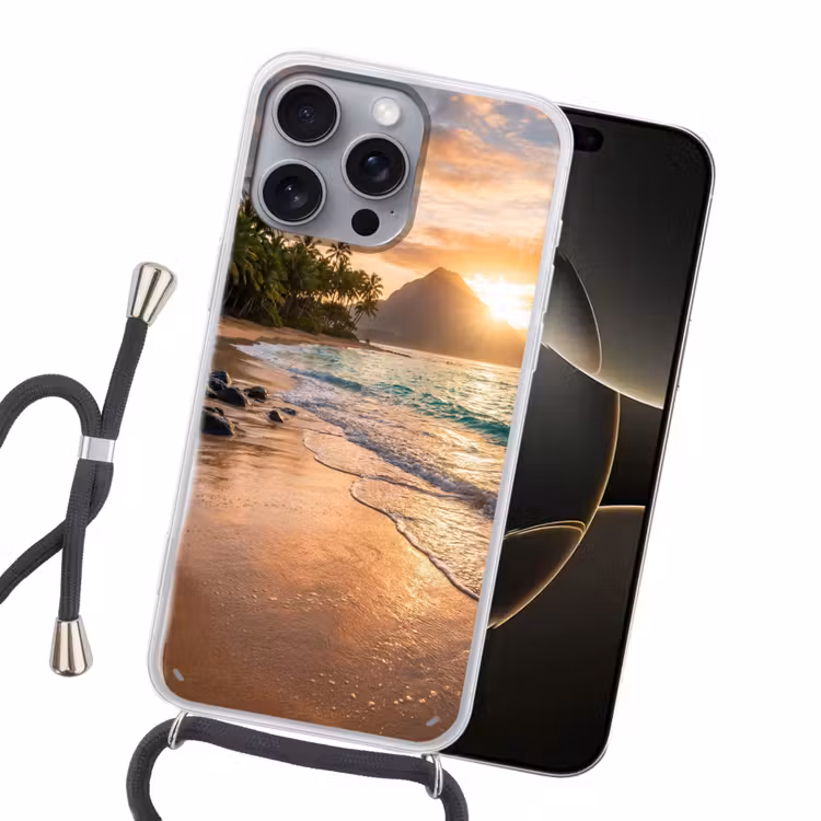 Zee - Berg - Landschap - Tropisch - Goud Hoesje iPhone 16 Pro Max met koord klein -sfeer1