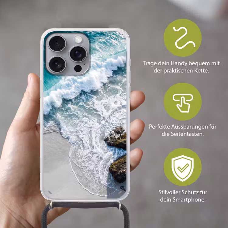 Zee - Golf - Strand - Natuur - Blauw Hoesje iPhone 16 Pro Max met koord klein -sfeer2_DE