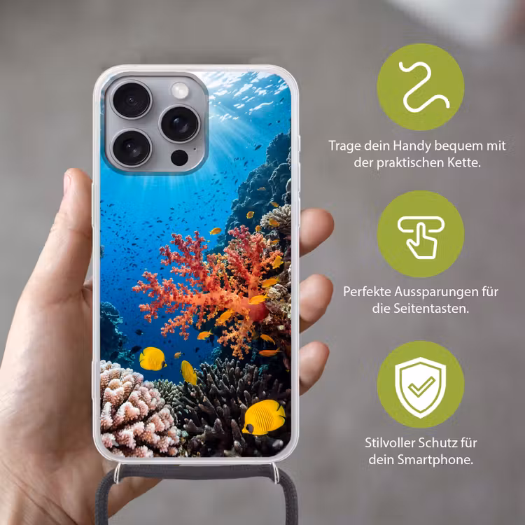 Zee - Koraalrif - Natuur - Levendig - Blauw Hoesje iPhone 16 Pro Max met koord klein -sfeer2_DE