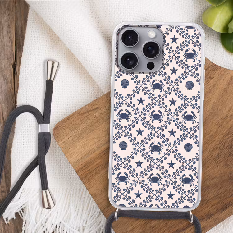 Zee - Krab - Zeester - Patroon - Blauw Hoesje iPhone 16 Pro Max met koord klein -sfeer4