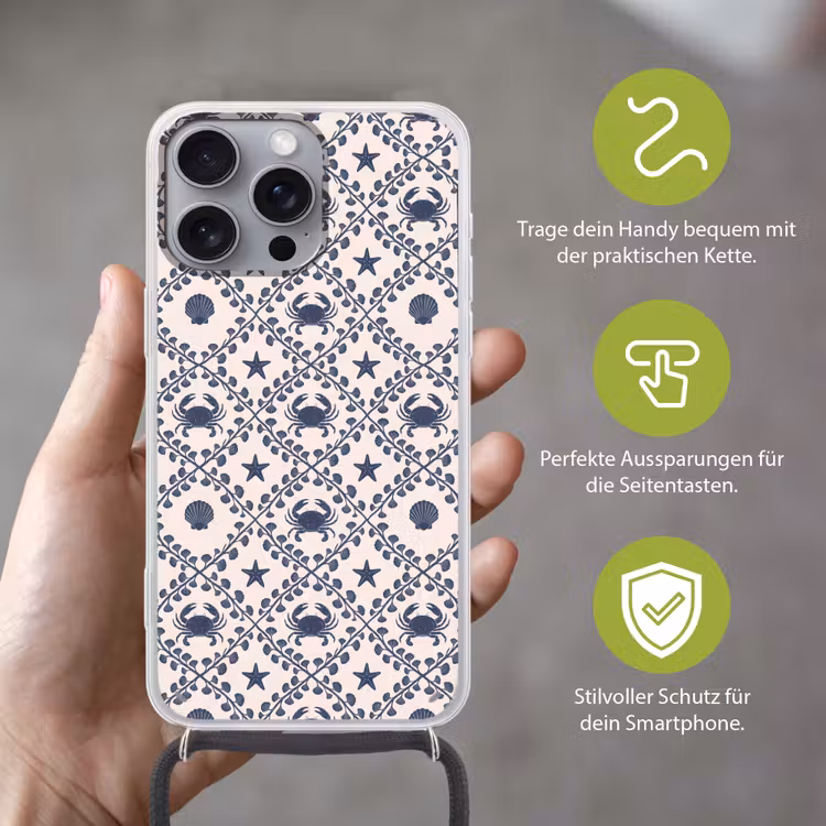 Zee - Krab - Zeester - Patroon - Blauw Hoesje iPhone 16 Pro Max met koord klein -sfeer2_DE
