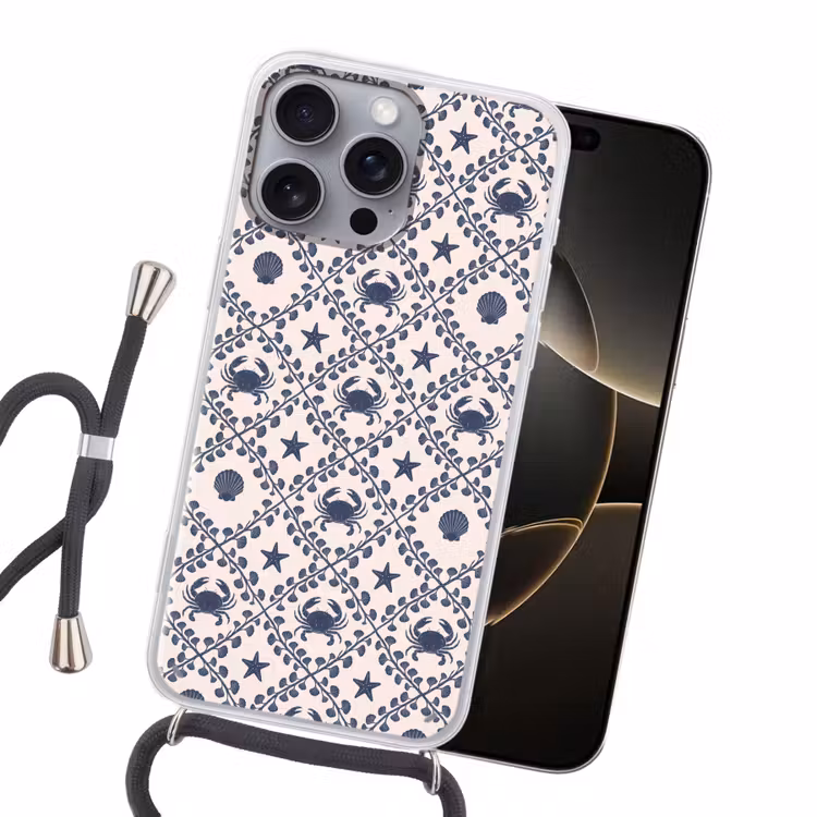 Zee - Krab - Zeester - Patroon - Blauw Hoesje iPhone 16 Pro Max met koord klein -sfeer1
