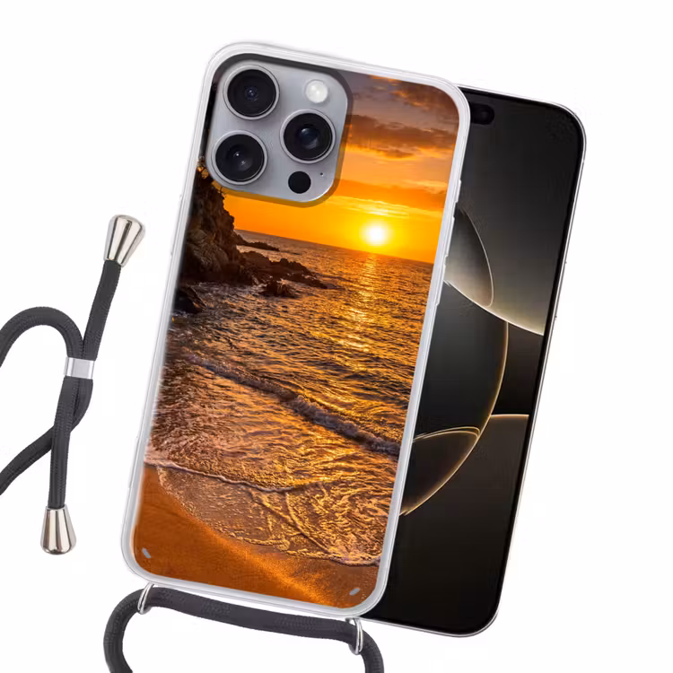 Zee - Kust - Zonsondergang - Natuur - Oranje Hoesje iPhone 16 Pro Max met koord klein -sfeer1