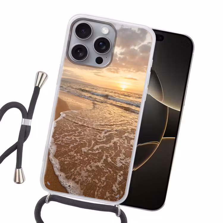 Zee - Kustlijn - Wolken - Landschap - Oranje Hoesje iPhone 16 Pro Max met koord klein -sfeer1