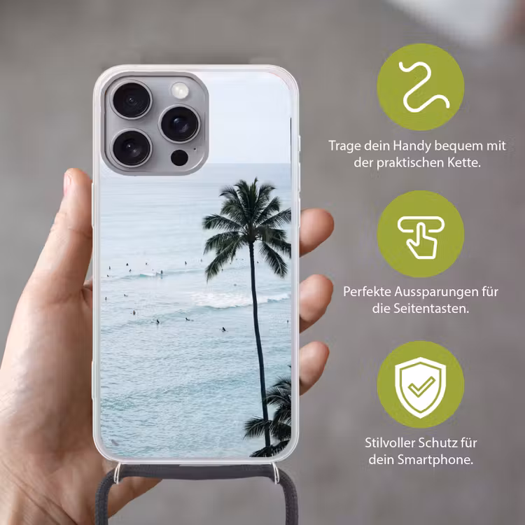 Oceaan - Palmbomen - Surfers Hoesje iPhone 16 Pro Max met koord klein -sfeer2_DE