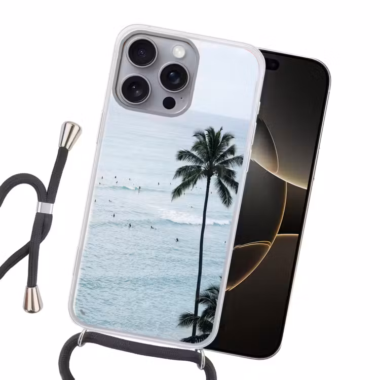 Oceaan - Palmbomen - Surfers Hoesje iPhone 16 Pro Max met koord klein -sfeer1