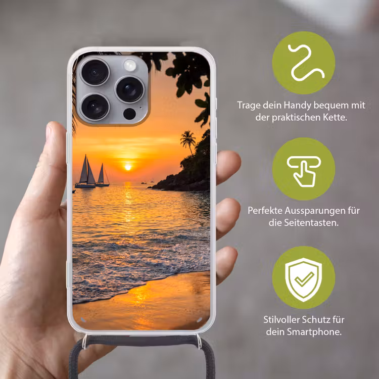 Zee - Zonsondergang - Boot - Natuur - Oranje Hoesje iPhone 16 Pro Max met koord klein -sfeer2_DE