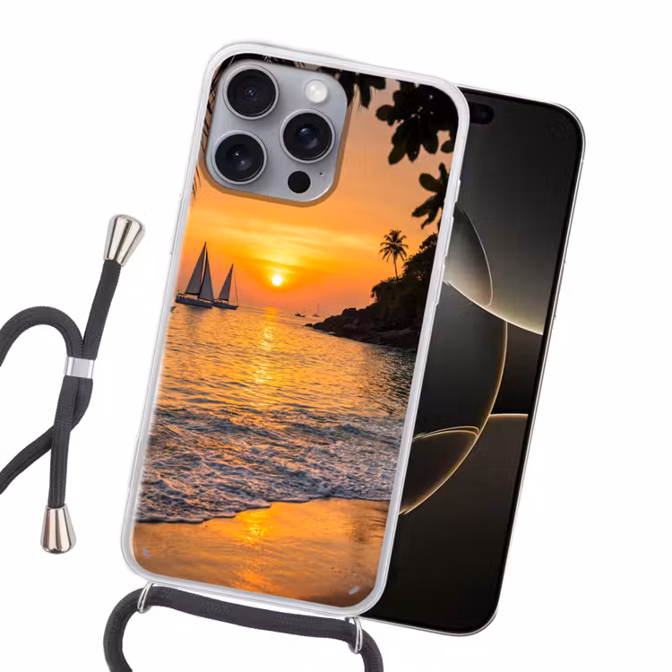 Zee - Zonsondergang - Boot - Natuur - Oranje Hoesje iPhone 16 Pro Max met koord klein -sfeer1