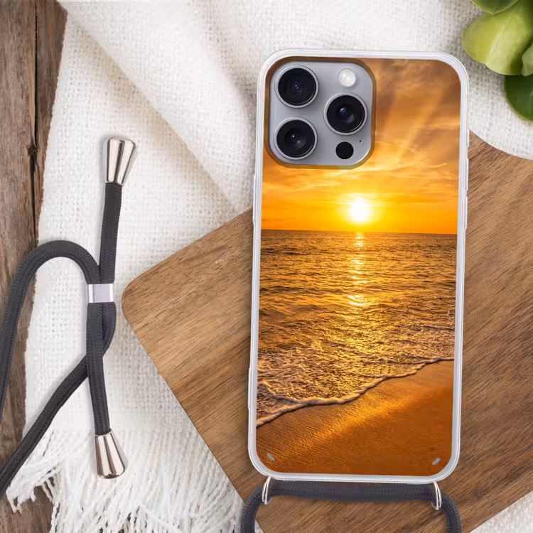 Zee - Zonsondergang - Golven - Kust - Oranje Hoesje iPhone 16 Pro Max met koord klein -sfeer4