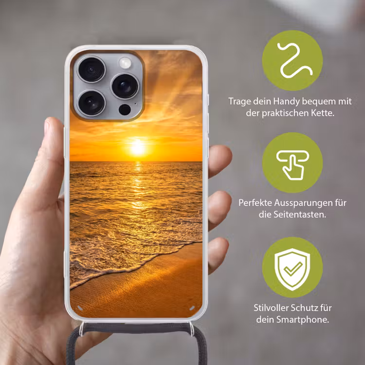 Zee - Zonsondergang - Golven - Kust - Oranje Hoesje iPhone 16 Pro Max met koord klein -sfeer2_DE
