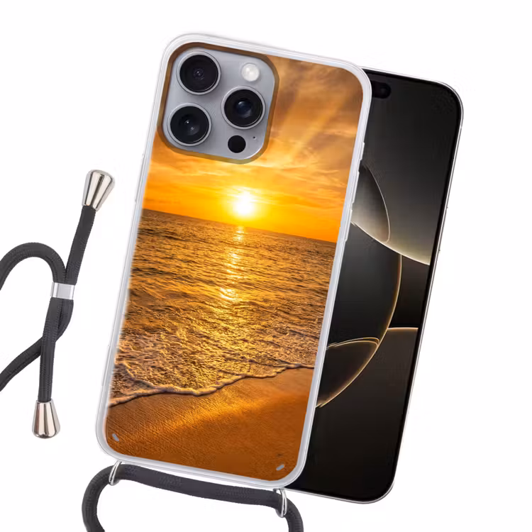 Zee - Zonsondergang - Golven - Kust - Oranje Hoesje iPhone 16 Pro Max met koord klein -sfeer1