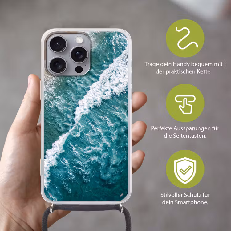Zee - Strand - Golven - Natuur - Blauw Hoesje iPhone 16 Pro Max met koord klein -sfeer2_DE