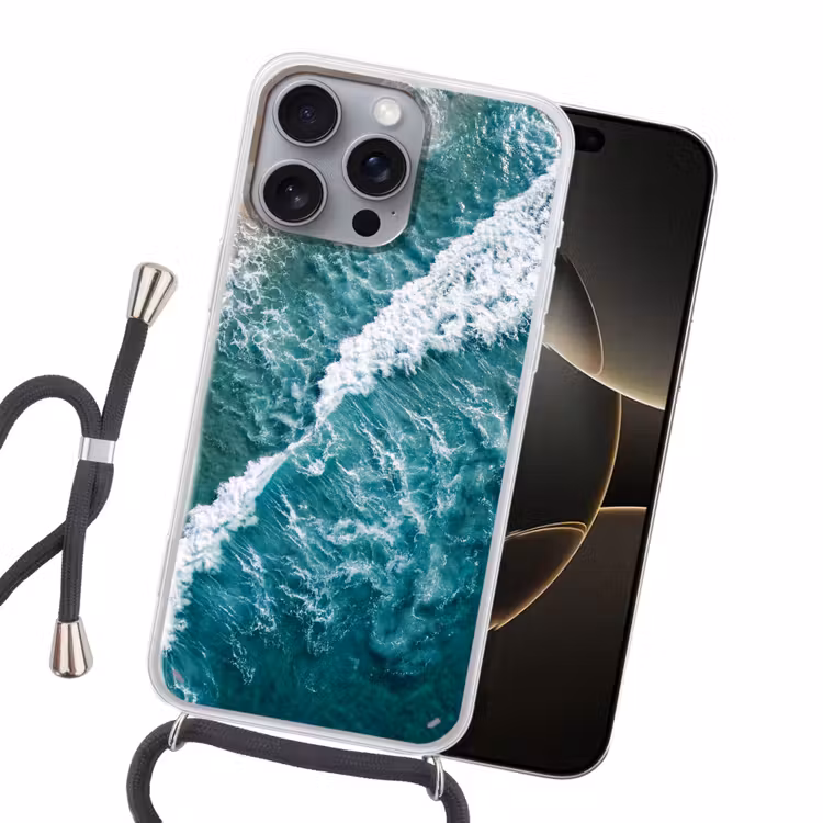 Zee - Strand - Golven - Natuur - Blauw Hoesje iPhone 16 Pro Max met koord klein -sfeer1