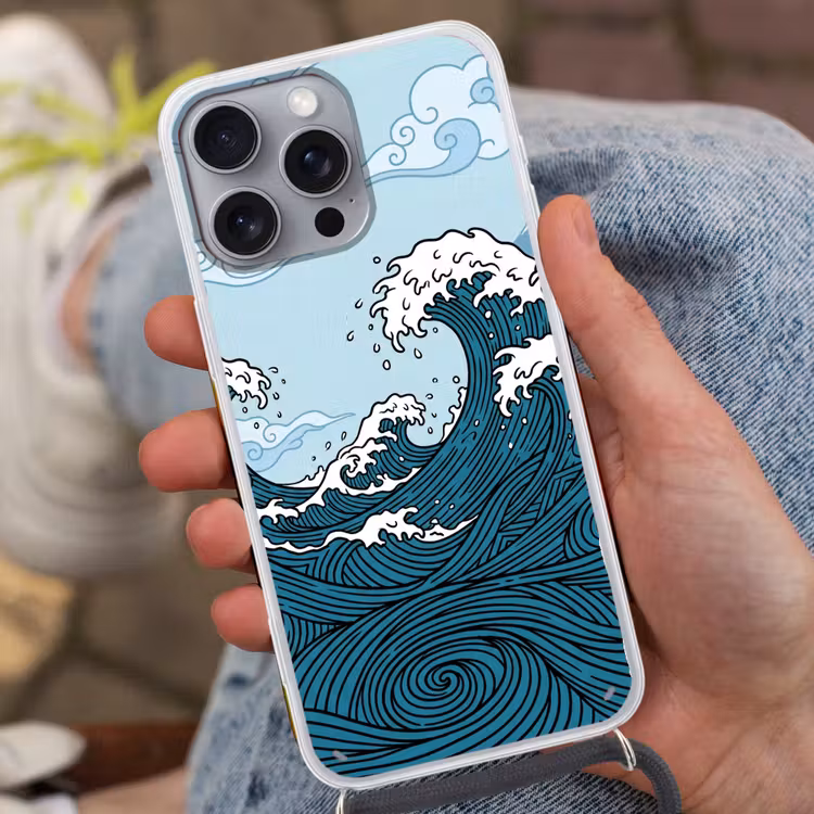 Zee - Golven - Japans - Natuur - Blauw Hoesje iPhone 16 Pro Max met koord klein -sfeer3