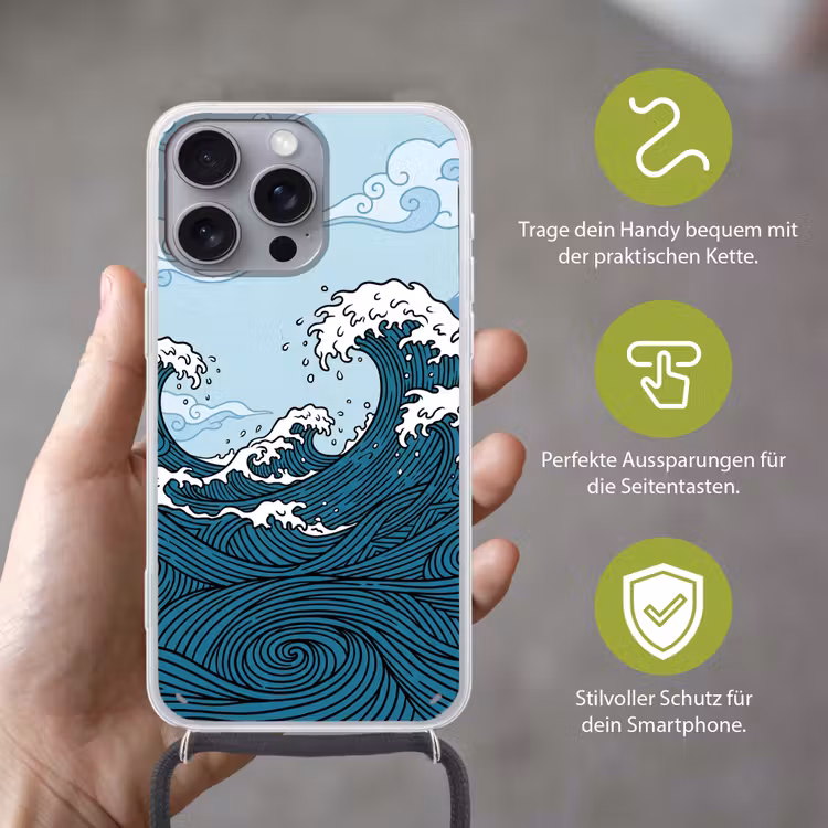 Zee - Golven - Japans - Natuur - Blauw Hoesje iPhone 16 Pro Max met koord klein -sfeer2_DE