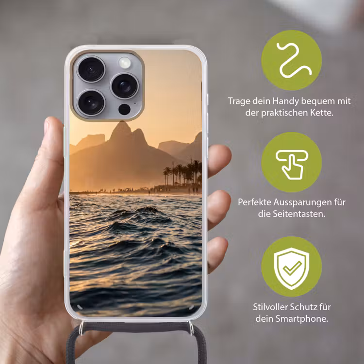 Zee - Golven - Zonsondergang - Kust - Goud Hoesje iPhone 16 Pro Max met koord klein -sfeer2_DE