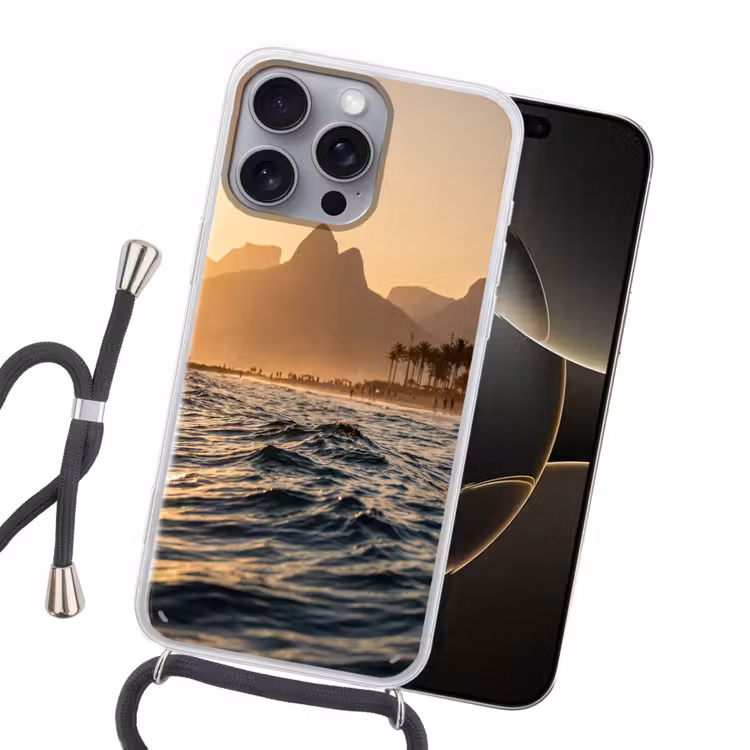 Zee - Golven - Zonsondergang - Kust - Goud Hoesje iPhone 16 Pro Max met koord klein -sfeer1