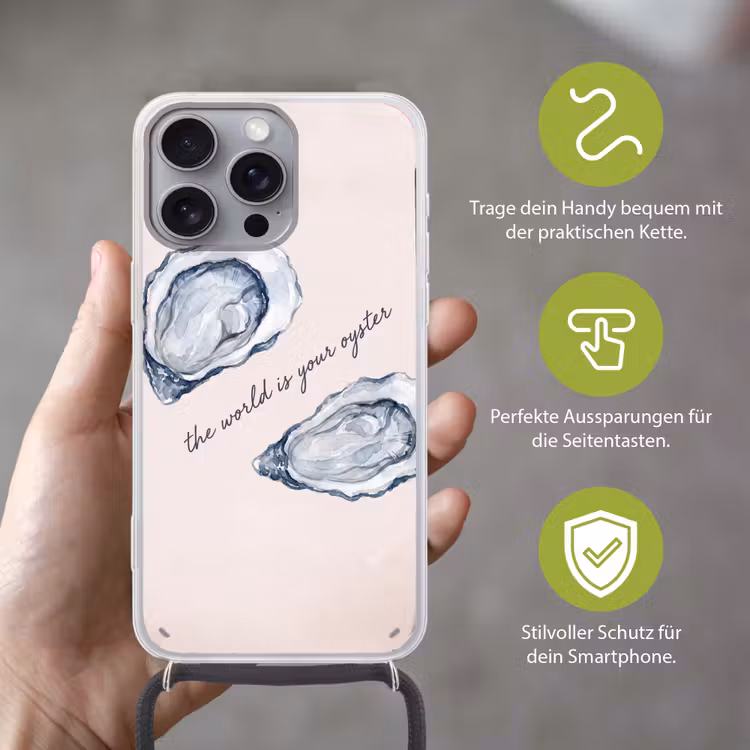 Zeeleven - Oester - Aquarel - Minimalistisch - Blauw Hoesje iPhone 16 Pro Max met koord klein -sfeer2_DE