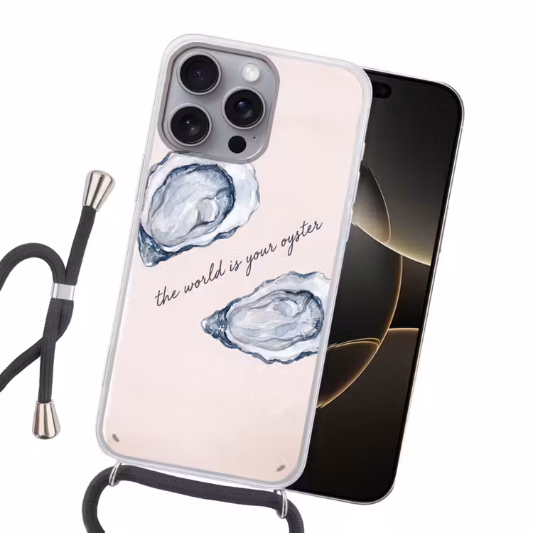 Zeeleven - Oester - Aquarel - Minimalistisch - Blauw Hoesje iPhone 16 Pro Max met koord klein -sfeer1