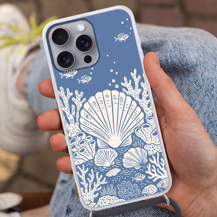 Zeeleven - Koraal - Schelp - Vis - Illustratie - Onderwater Hoesje iPhone 16 Pro Max met koord klein -sfeer3