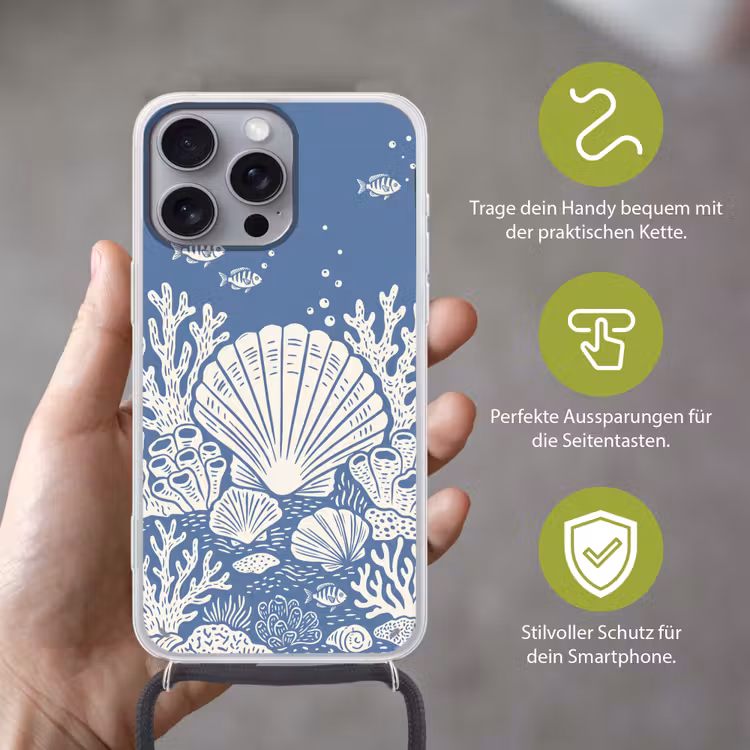 Zeeleven - Koraal - Schelp - Vis - Illustratie - Onderwater Hoesje iPhone 16 Pro Max met koord klein -sfeer2_DE