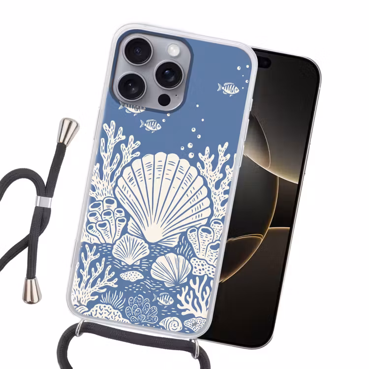 Zeeleven - Koraal - Schelp - Vis - Illustratie - Onderwater Hoesje iPhone 16 Pro Max met koord klein -sfeer1