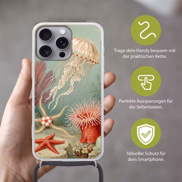 Zeeleven - Kwal - Onderwater - Illustratie - Beige Hoesje iPhone 16 Pro Max met koord klein -sfeer2_DE