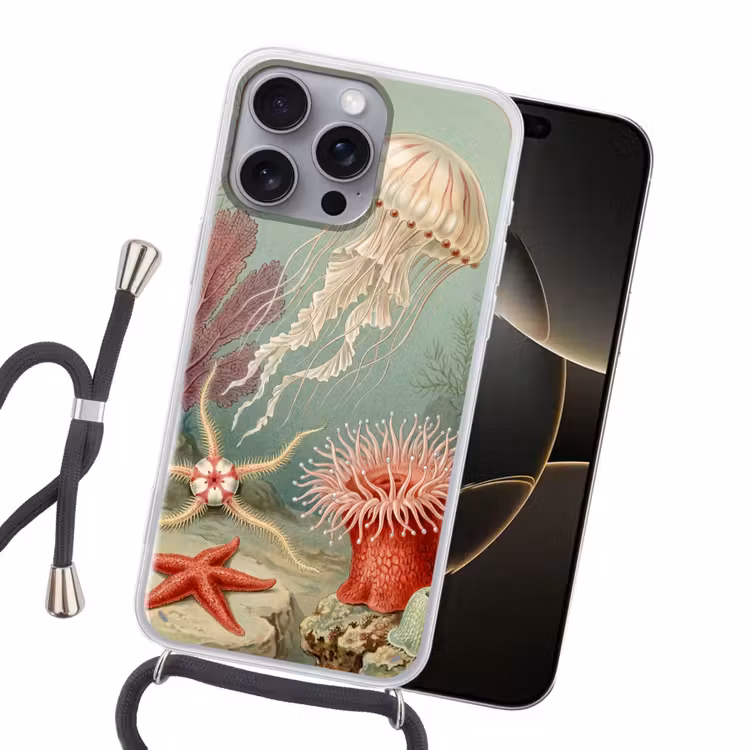 Zeeleven - Kwal - Onderwater - Illustratie - Beige Hoesje iPhone 16 Pro Max met koord klein -sfeer1