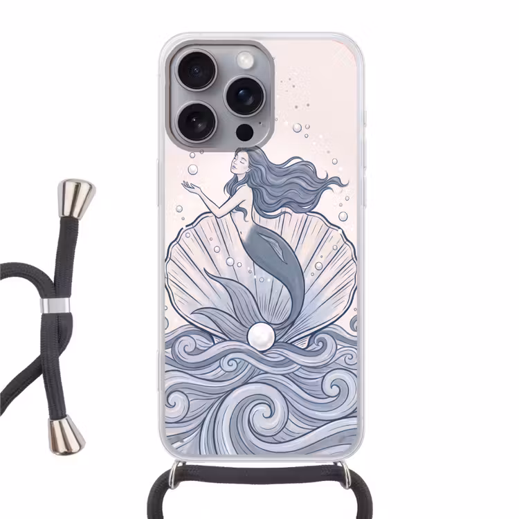 Zeemeermin - Schelp - Zee - Fantasie - Blauw Hoesje iPhone 16 Pro Max met koord klein -3d