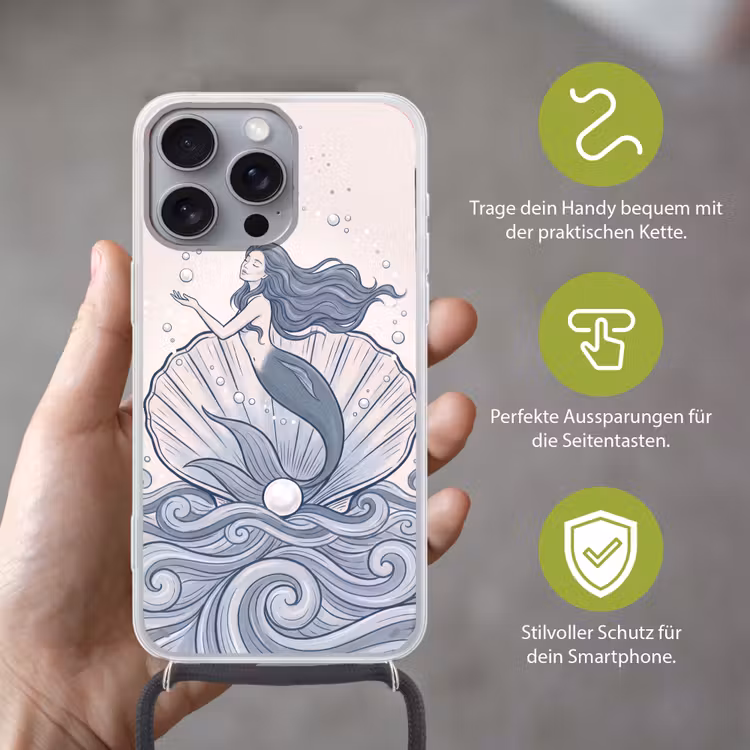 Zeemeermin - Schelp - Zee - Fantasie - Blauw Hoesje iPhone 16 Pro Max met koord klein -sfeer2_DE