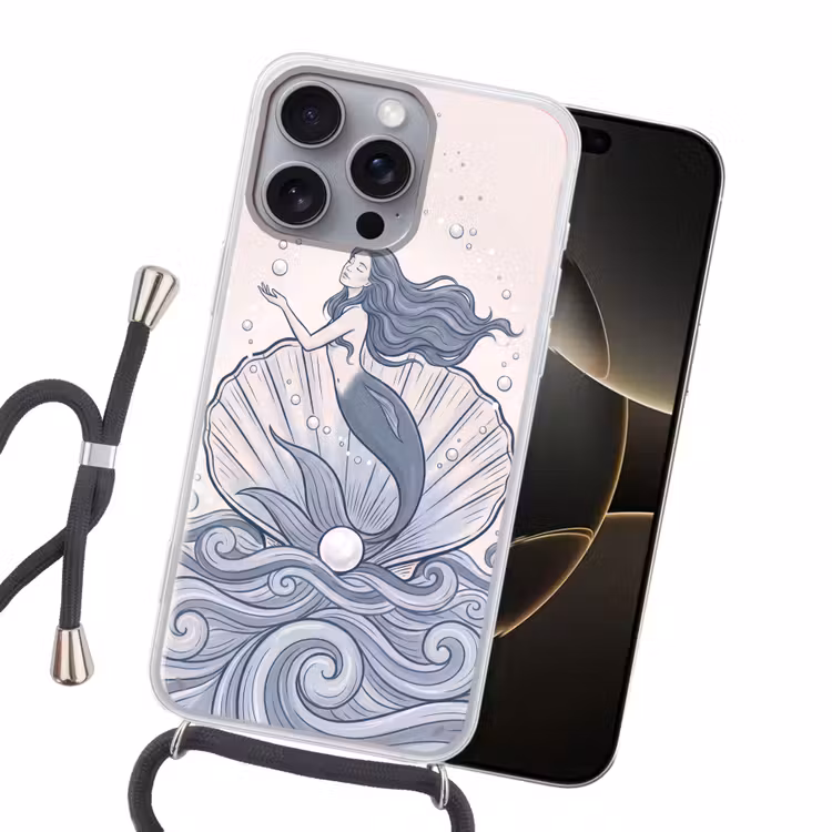 Zeemeermin - Schelp - Zee - Fantasie - Blauw Hoesje iPhone 16 Pro Max met koord klein -sfeer1