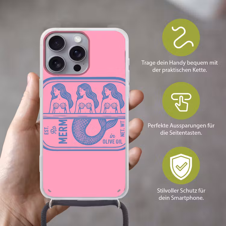 Meermin - Sardineblik - Illustratie - Roze - Retro Hoesje iPhone 16 Pro Max met koord klein -sfeer2_DE