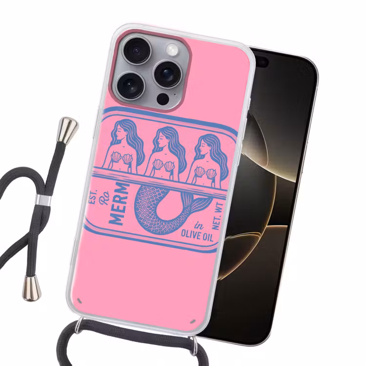 Meermin - Sardineblik - Illustratie - Roze - Retro Hoesje iPhone 16 Pro Max met koord klein -sfeer1