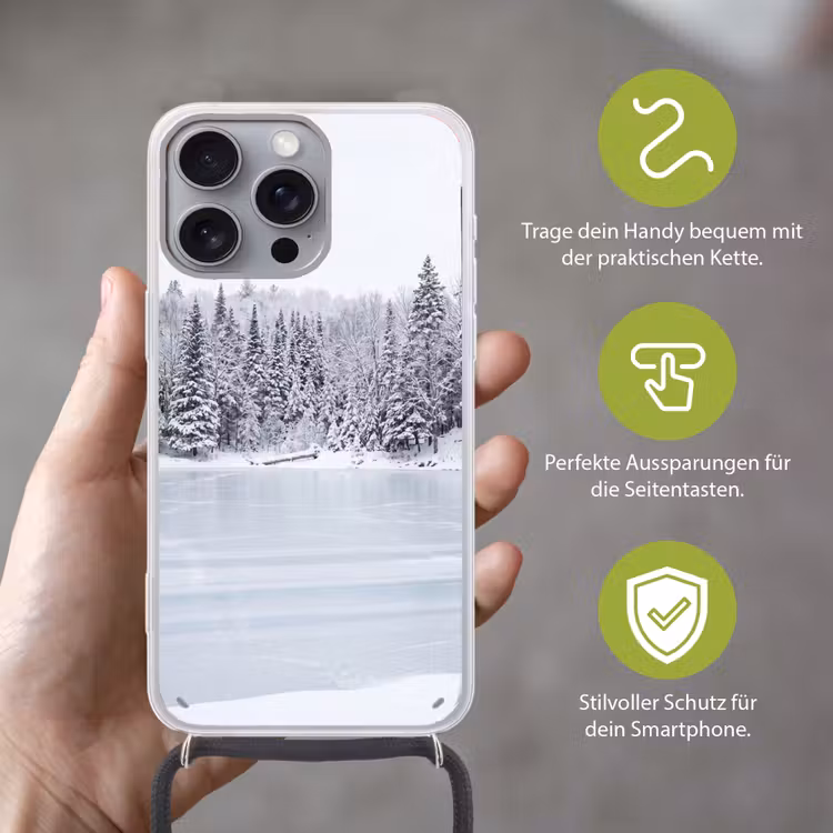 Meer - Dennen - IJs - Winter - Rustgevend Hoesje iPhone 16 Pro Max met koord klein -sfeer2_DE