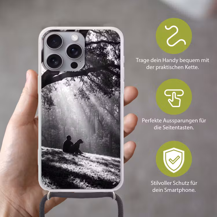 Mens - Hond - Natuur - Zwart-wit - Silhouet Hoesje iPhone 16 Pro Max met koord klein -sfeer2_DE